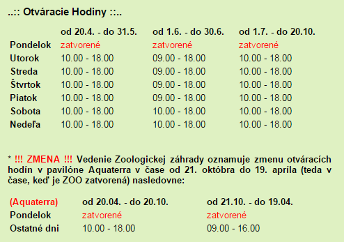 Otváracie hodiny ZOO v SNV